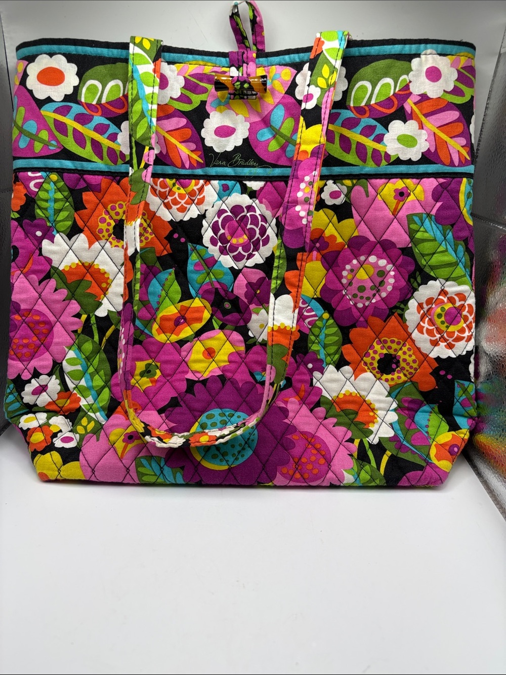 Vera Bradley Quilted Floral Tote in Black, Pink, Green & Orange